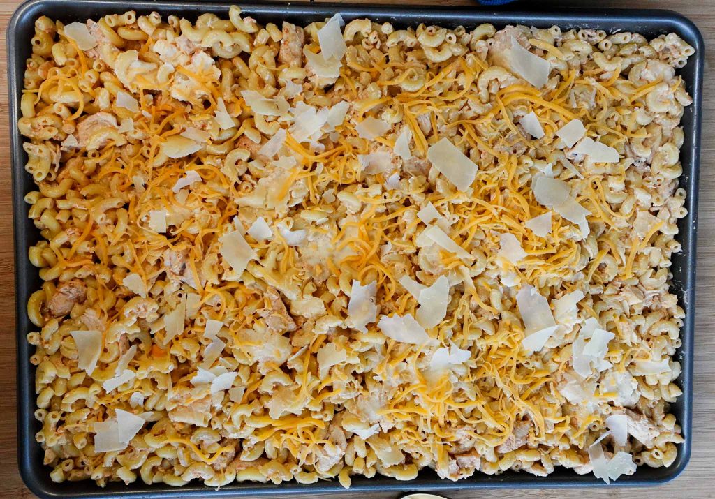 mac and cheese on a sheet pan before being cooked