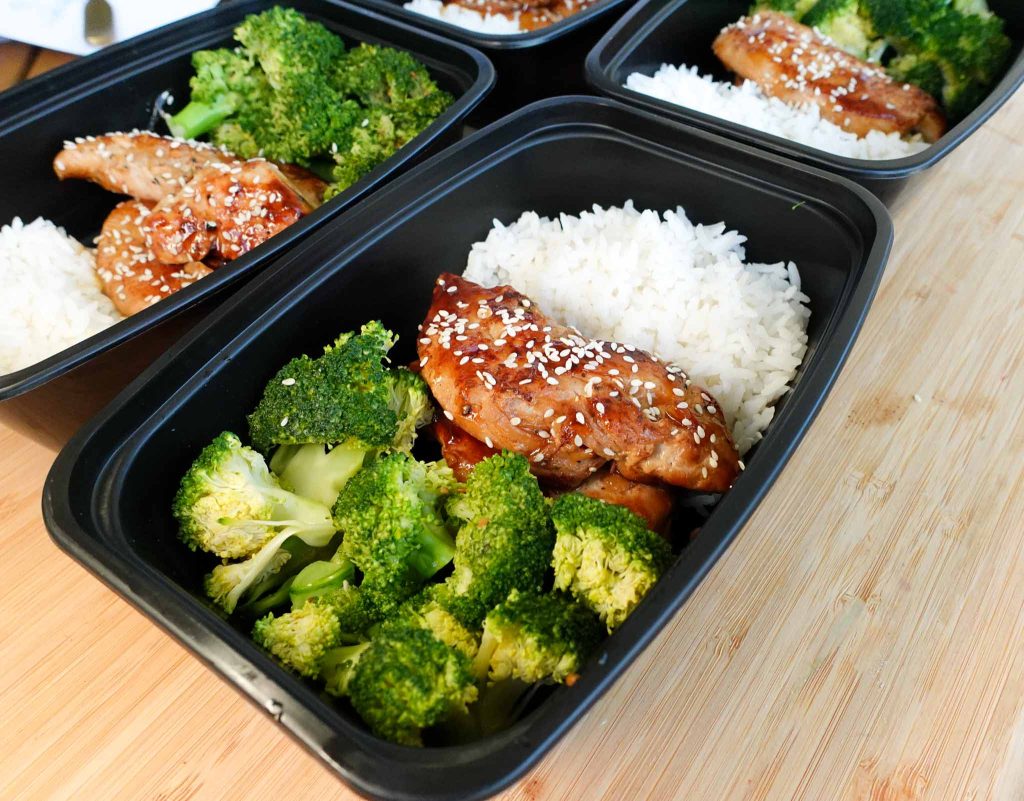 Teriyaki Chicken in meal prep container with rice
